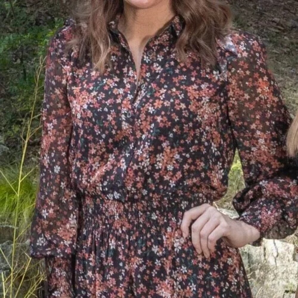 SKIES ARE BLUE Long Sleeve Smocked Waist Maxi Dress ~ Moody Floral Print XL NWT